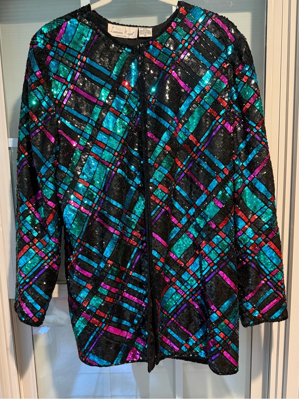 Laurence Kazar Vintage Sequin Jacket with Teal, Purple & Red Geometric Stripes